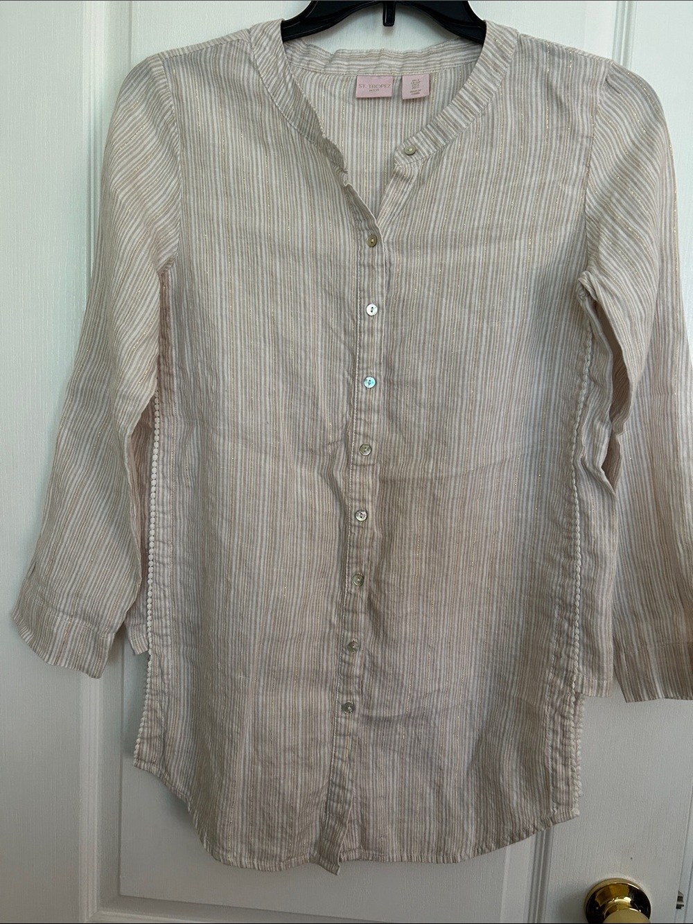 St. Tropez Cream and Gold Striped Button-Down 99% Linen Shirt PTP 20